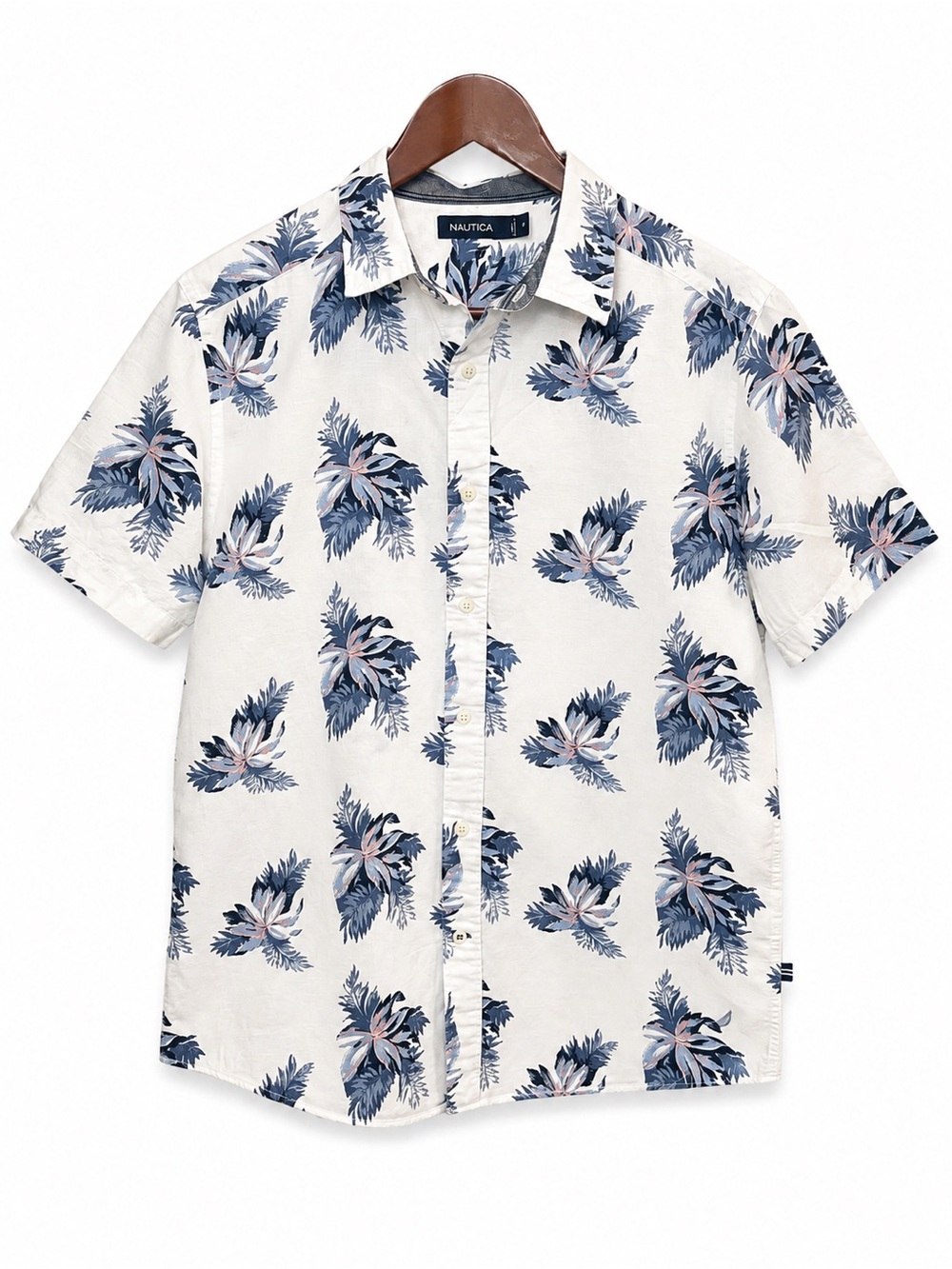 Nautica Blue Floral Linen Blend Shirt Men's M Short Sleeve Button Down